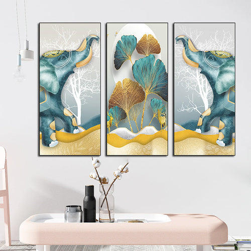 Decorative Elephant Ginkgo Leaf 3-Panel PVC Wall Sticker Set - Image 1
